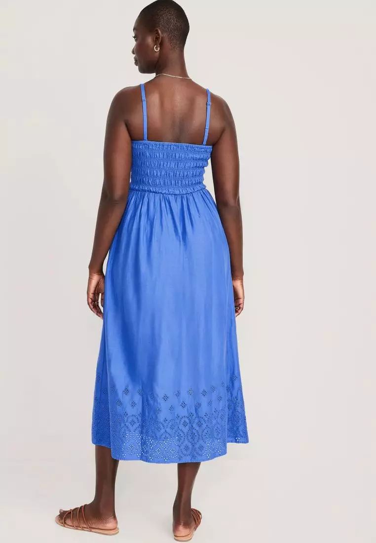 Fit & Flare Eyelet-Embroidered Smocked Maxi Cami Dress for Women