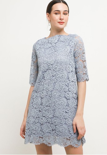 Icons blue 3/4 Sleeve Boat Neck Lace Dress 68AC9AA4195CDFGS_1