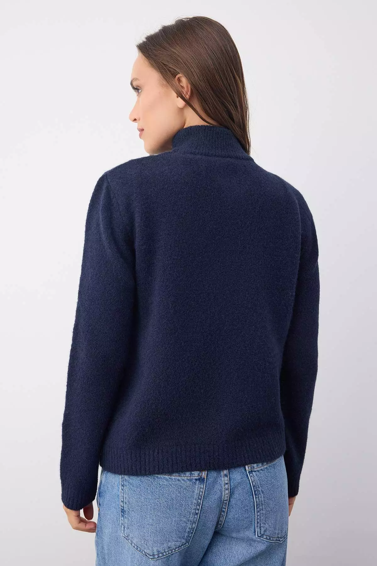Wardrobe Essentials Navy Blue Wool Zippered Stand Collar Daisy Knit Cardigan |