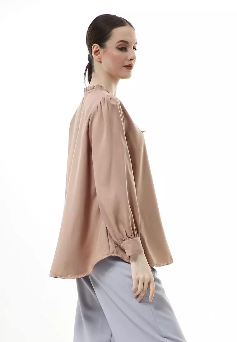 Vionka Kemeja Atasan Wanita Opnaisel Motif Polos - Capuccino