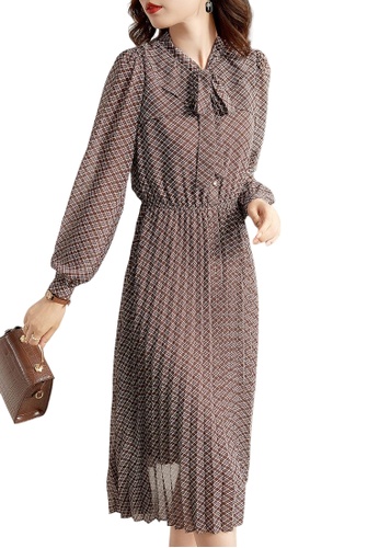 ONX.HK brown Elegant Lace-Up Checked Chiffon Dress A5EFEAA8AADA97GS_1