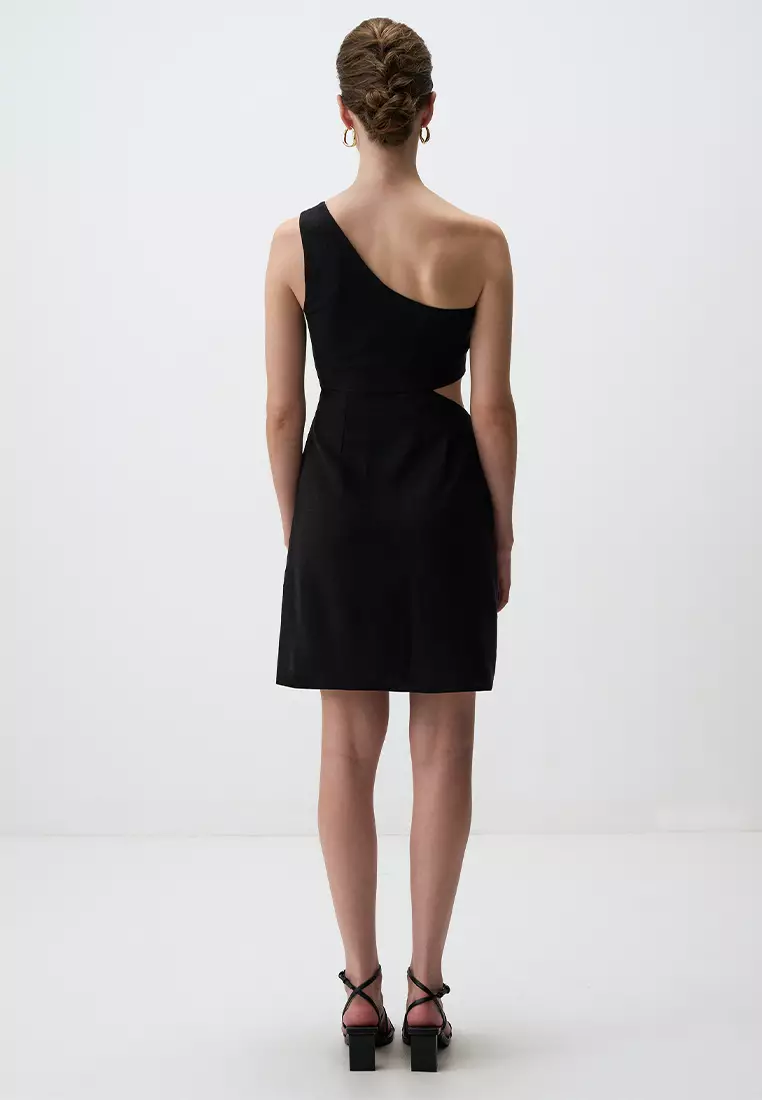 Jimmy Key Black One Shoulder Window Detail Mini Linen Dress