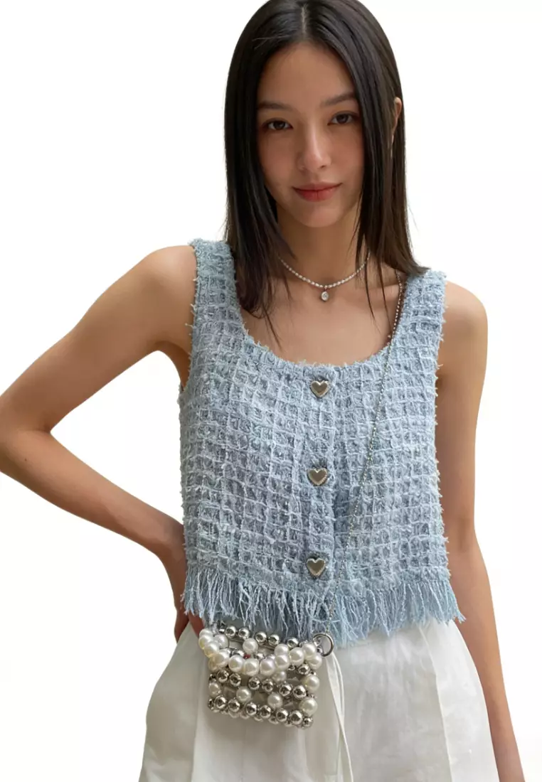 Square Neck Heart Button Fringe Crop Camis CA26031928BL