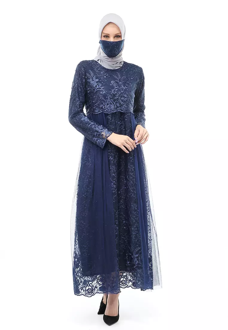 Marlina Gamis Kebaya Muslimah Panjang Motif Polos Long Sleeve Regular Fit - Navy