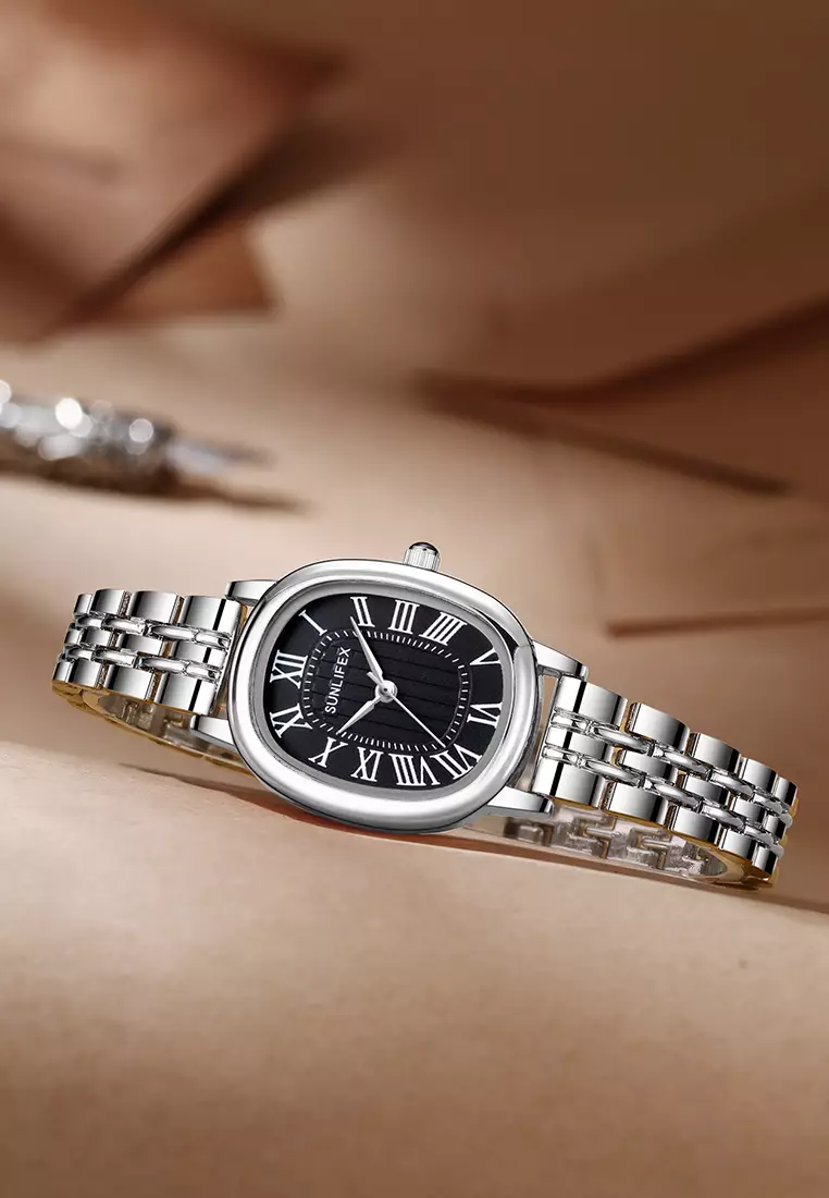 Jam Tangan Wanita Analog Original Korean Tali Rantai Oval Stanless Anti Air Jam Tangan Cewek silverblack