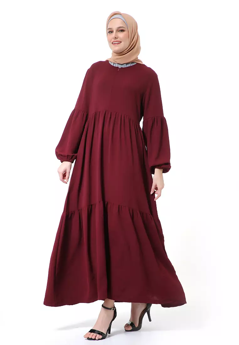 Tika Dress Wanita Gamis Muslimah Rubber Hands High Quality Premium - Burgundy