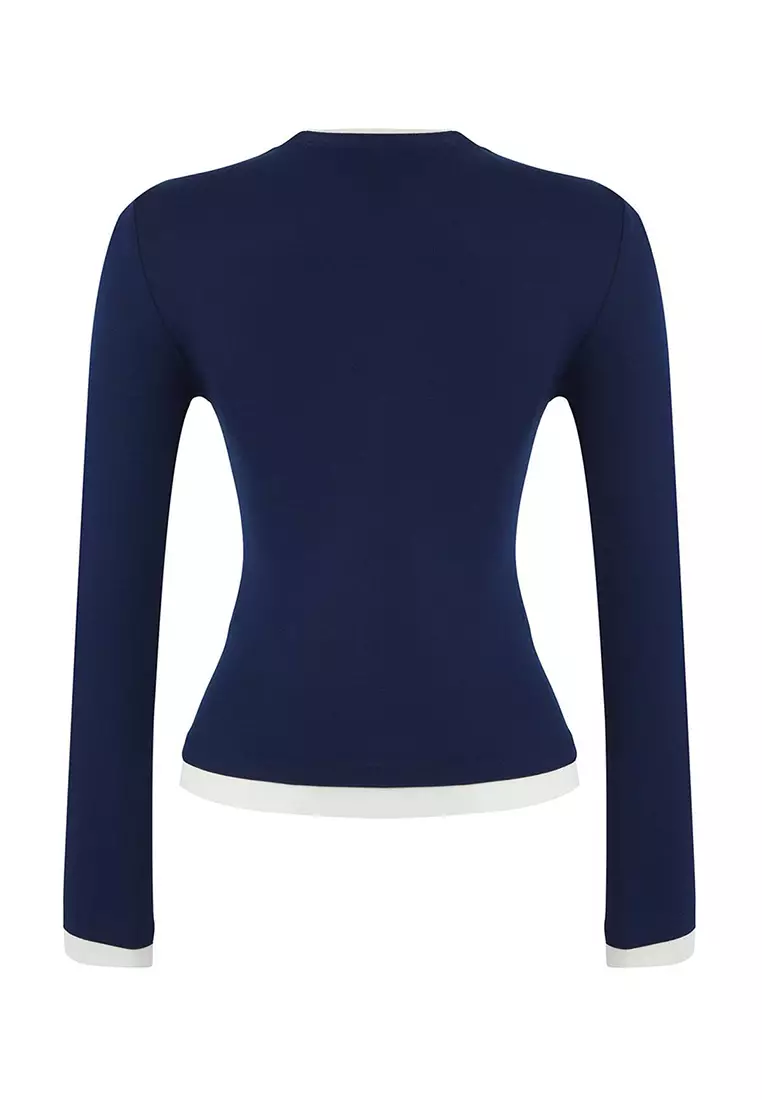 Navy Blue Color Block Fitted/Body-Smoothing Viscose/Soft Fabric Flexible Knitted Blouse Twoaw25Bz00114