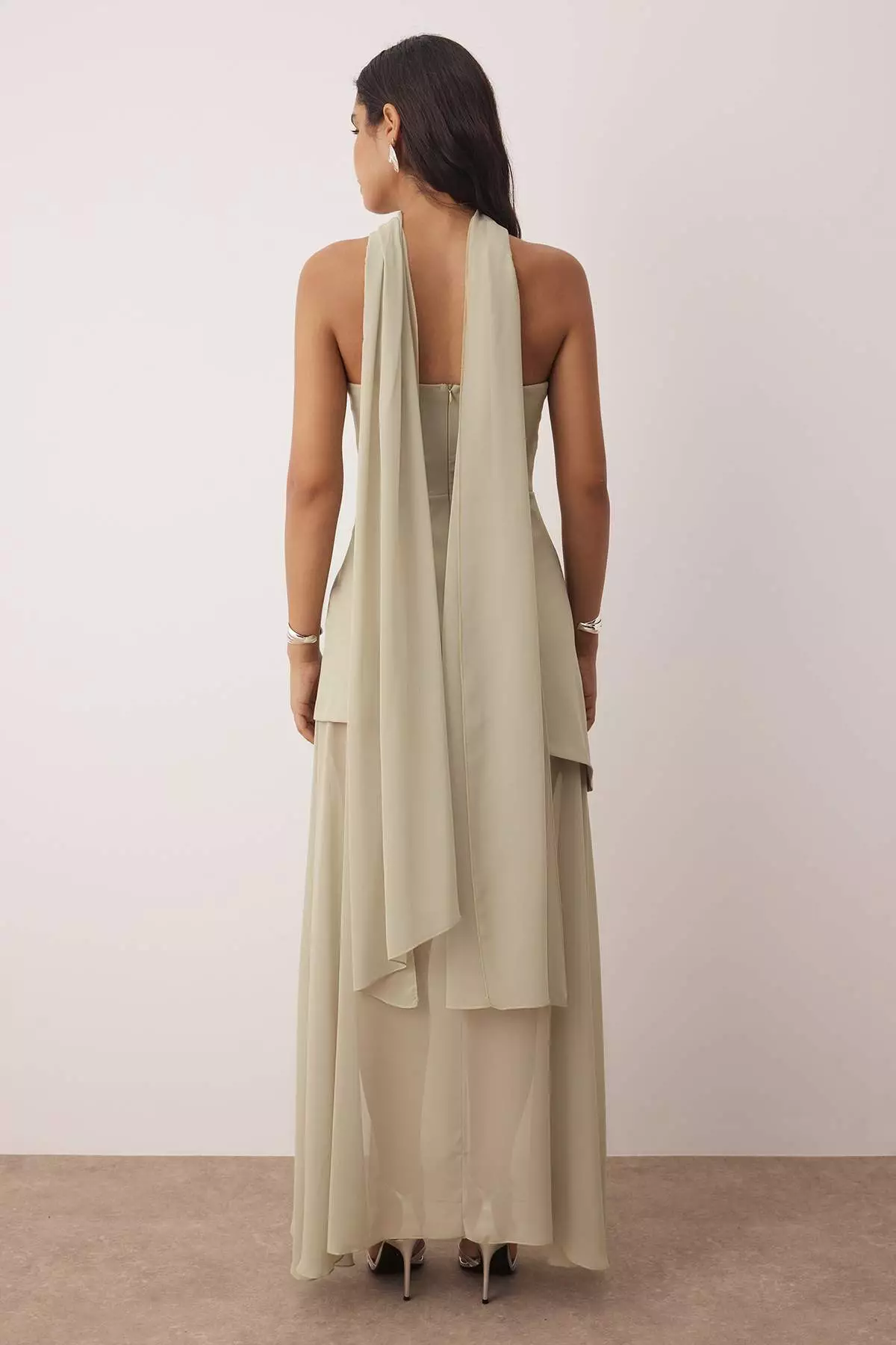 Mint Shawl Detailed Woven Maxi Evening & Graduation Dress