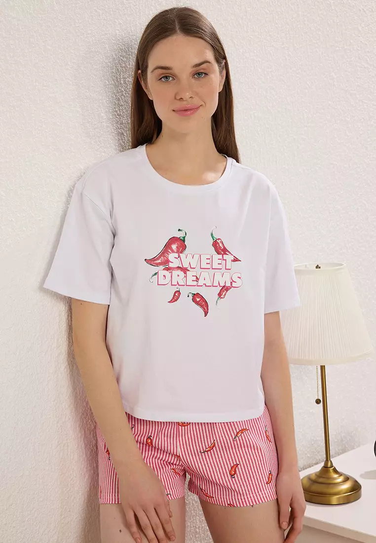 White 100% Cotton Striped Pepper Patterned Shorts Knitted Pajama Set Thmss25Pt00261