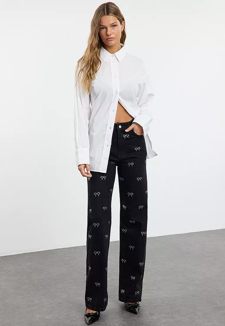 Black Bow/Ribbon Detailed Stoned High Waist Wide Leg Jeans