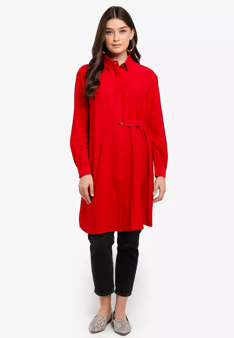 One-Side-Belted Shirt-Collar Poplin Tunic