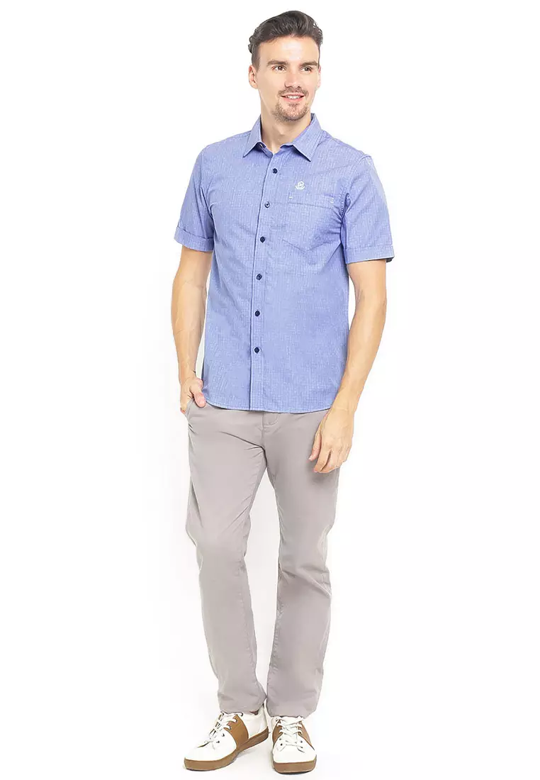 Johnwin - Slim Fit - Kemeja Casual Active - Kotak Halus - Biru - Free Keychain