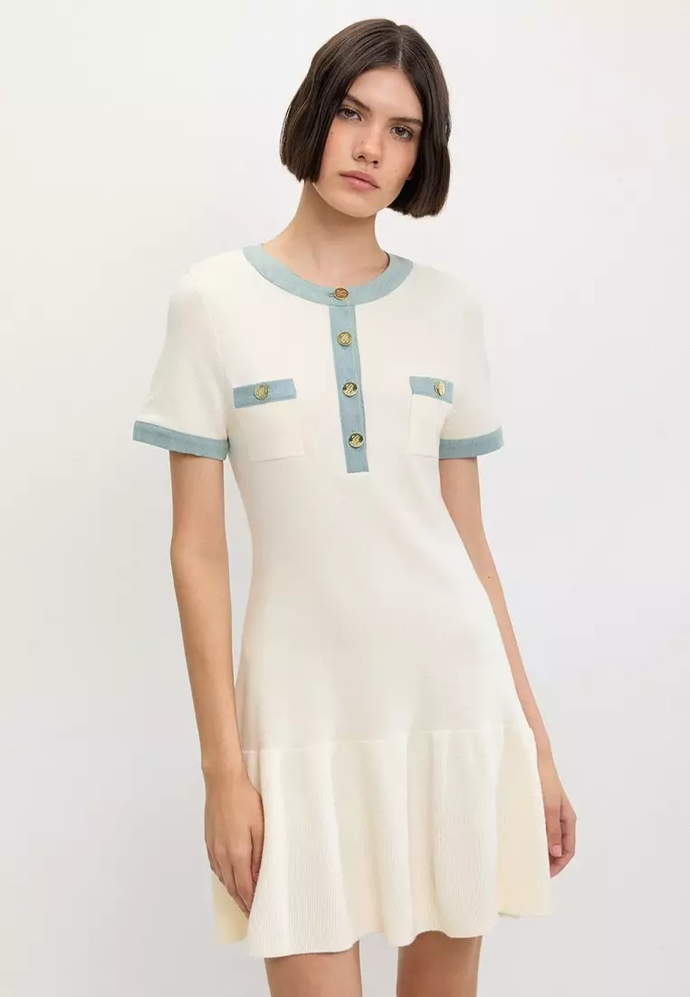 Contrast Trim Button-Up Knit Dress - Ivory