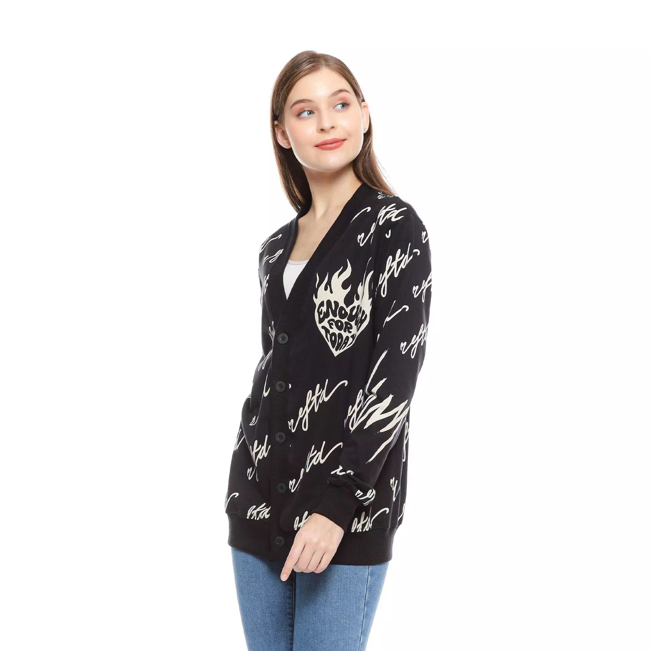 Enough For Today - Sweater Cardigan Motif Korea Love Eftd Hitam Sablon Discharge Bahan Katun Babyterry  Outer Wanita
