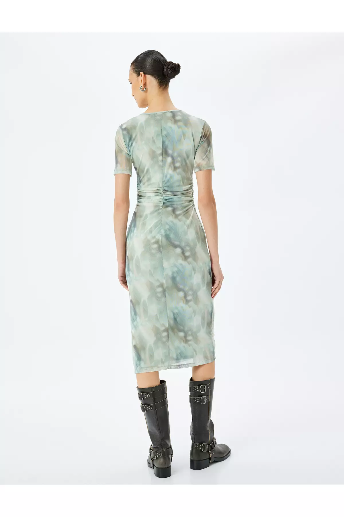 Abstract Print Draping Detail Short Sleeve Crew Neck Slim Midi Length Dress