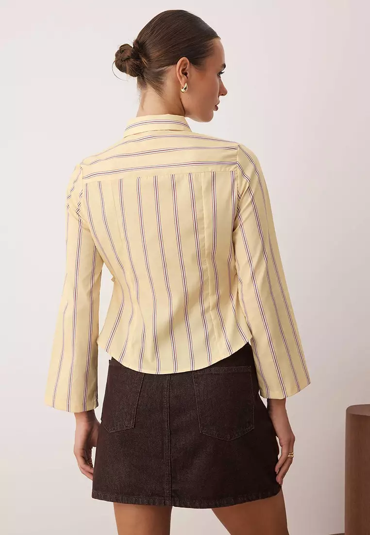 Yellow-Multicolored Waist Gathered Fitted Wide Sleeve Shirt