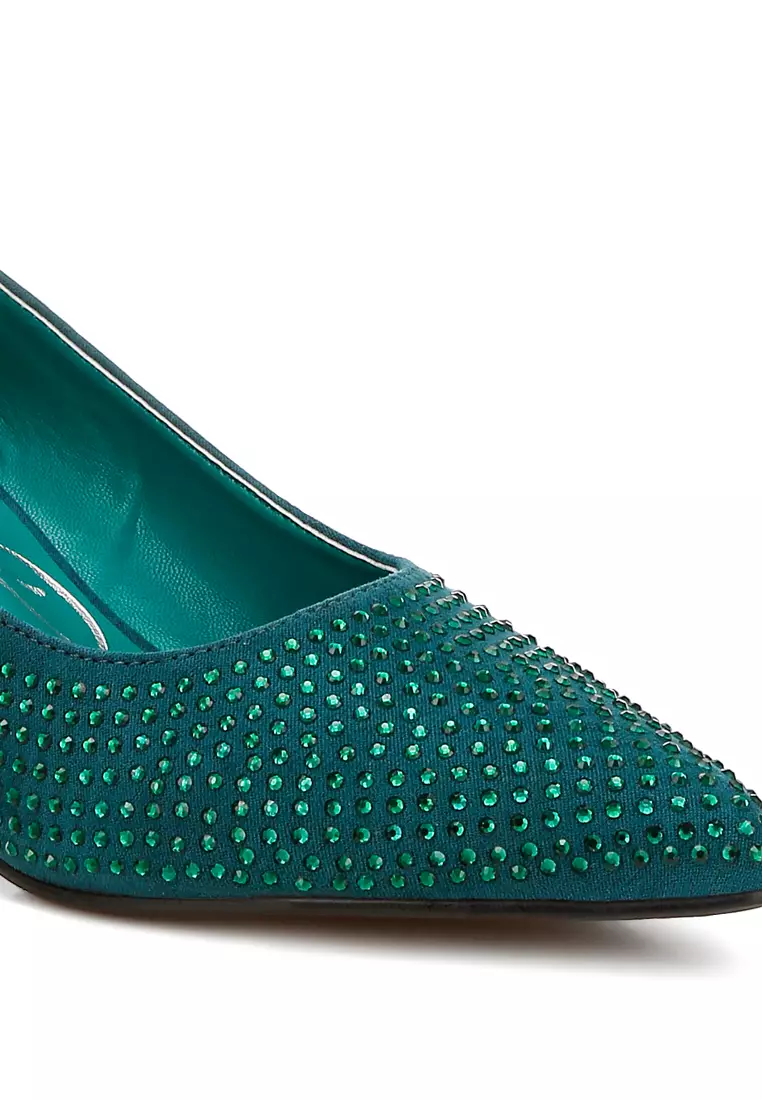 Rhinestones Embellished Pumps in Bottle Green