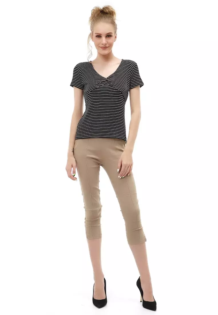 Genevie Blouse Kasual Wanita Lengan Pendek Model Salur Variasi Kerut Tengah Material Cotton ORIGINAL - Black