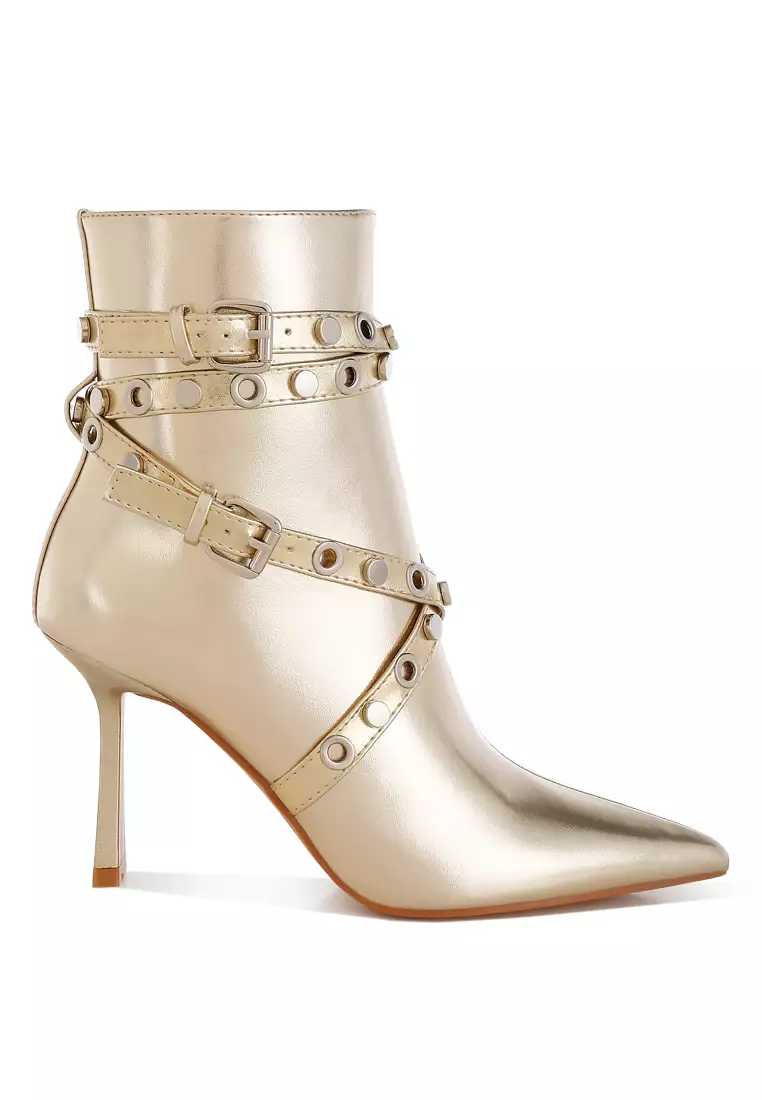 Discount on London Rag  shoes - SKU: Eyelets & Studs Harness Ankle Boots in Gold
