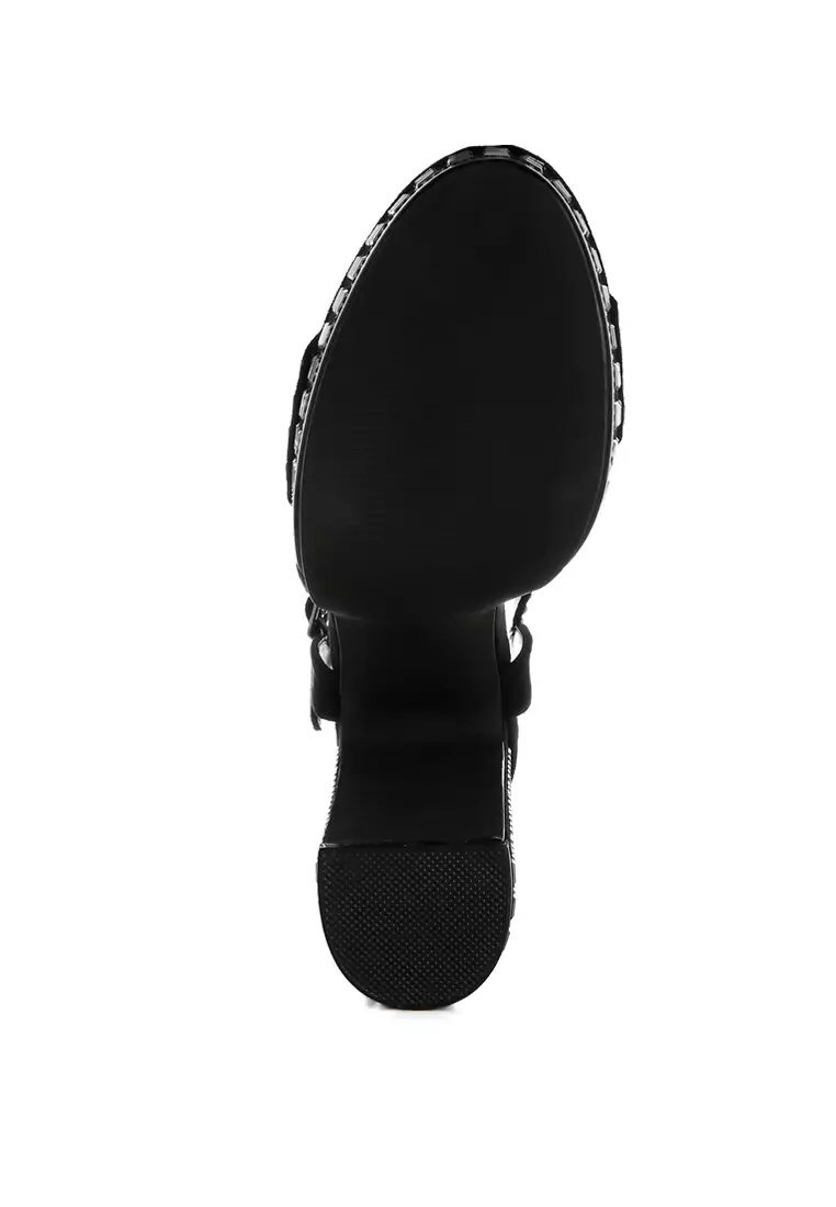 Sepatu hak bertali pergelangan kaki berhiaskan berlian imitasi warna hitam