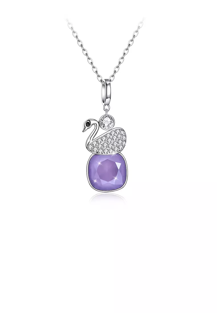 925 Sterling Silver Elegant Swan Geometric Pendant with Purple Austrian Element Crystal and Necklace