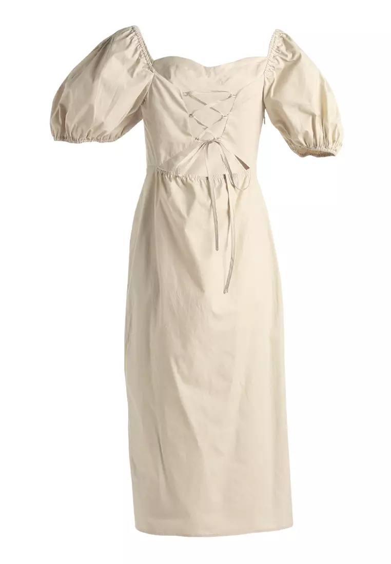 Puff Sleeves Slit Dress In Tan