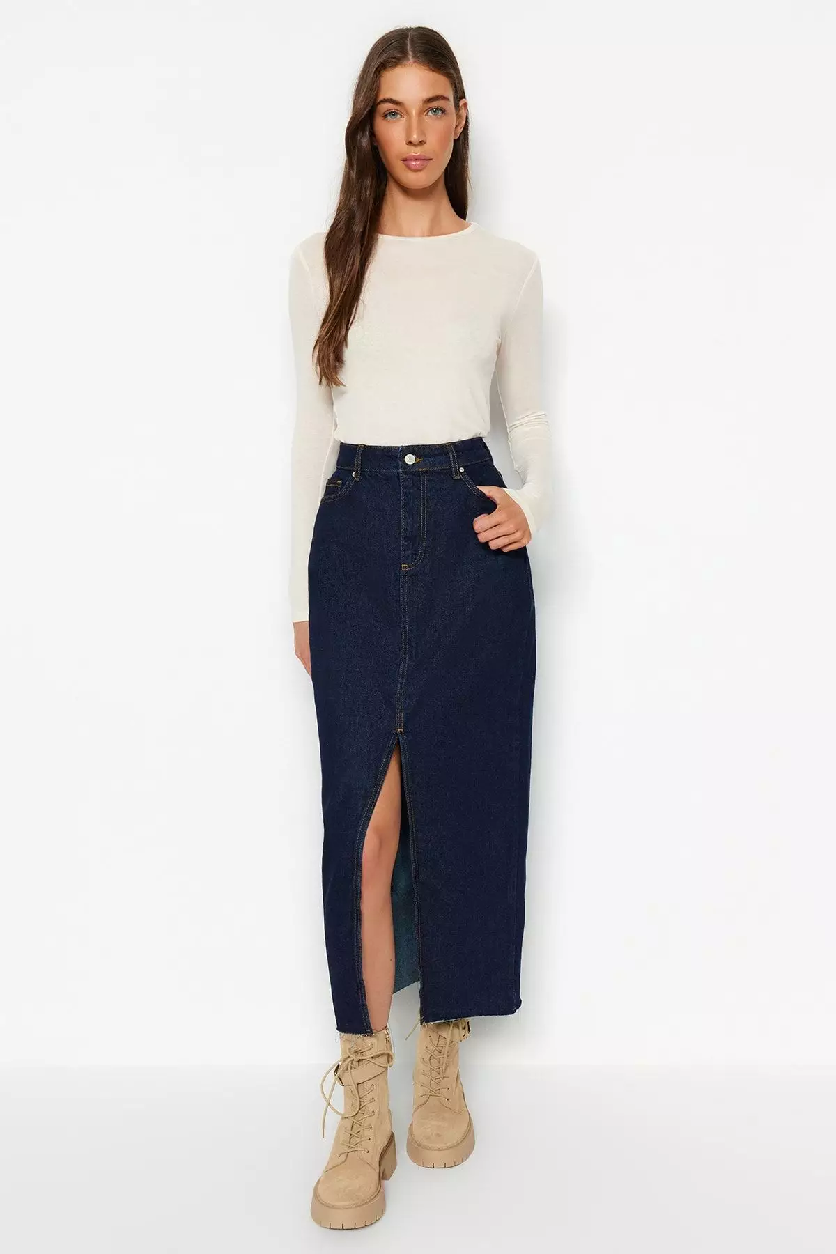 Dark Blue More Sustainable Slit Maxi Denim Skirt TWOSS23ET00290