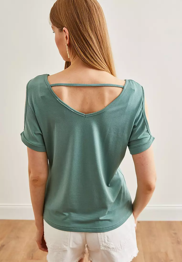 Women's Red V-neck Shoulder Low-cut Knitted Viscose Blouse BLZ-19002291