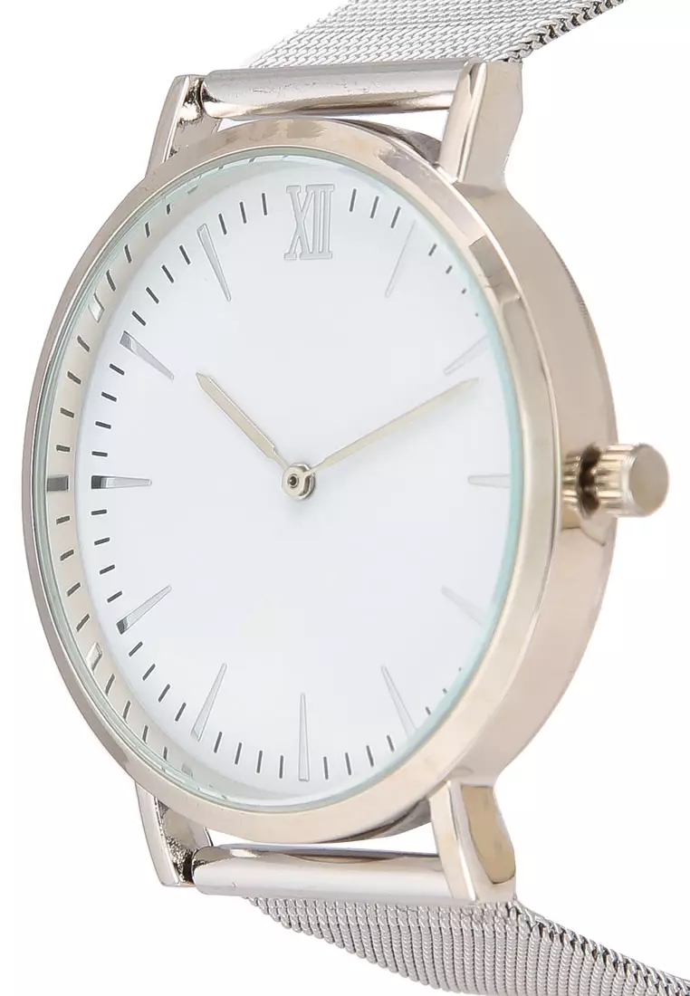 Round Face Silver White Mesh Strap Watch