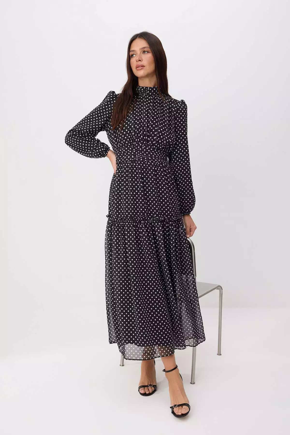 Black-White Lined Polka Dot Woven Chiffon Hijab Dress Tctss25Eb00063
