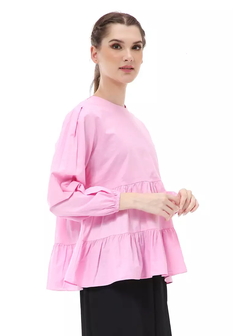 Albertine Blouse Balon Atasan Wanita Lengan Panjang Simple Design Material Katun Poplin ORIGINAL - Pink