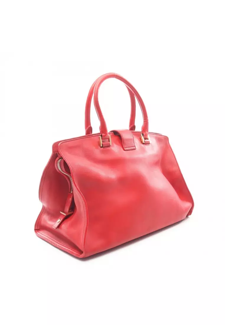 Pre-Loved SAINT LAURENT PARIS Y line Kabas Handbag leather Red