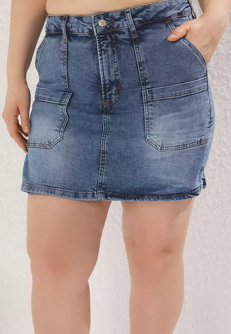 Blue High Waist Denim Plus Size Shorts Skirt Tbbss25Ap00022