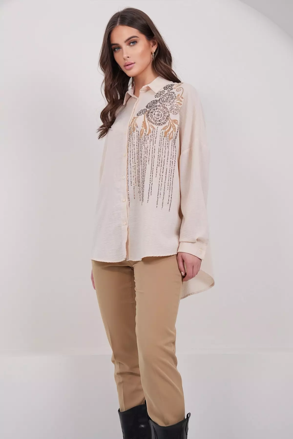 Women'S Beige Embroidery And Sequin Embellished Premium Linen Shirt Alc-X15017