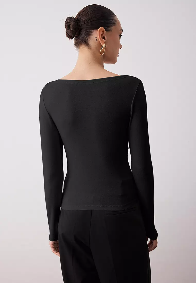 Black Fitted/Asymmetrical Collar Detailed Soft Fabric Flexible Knitted Blouse Twoaw26Bz00088