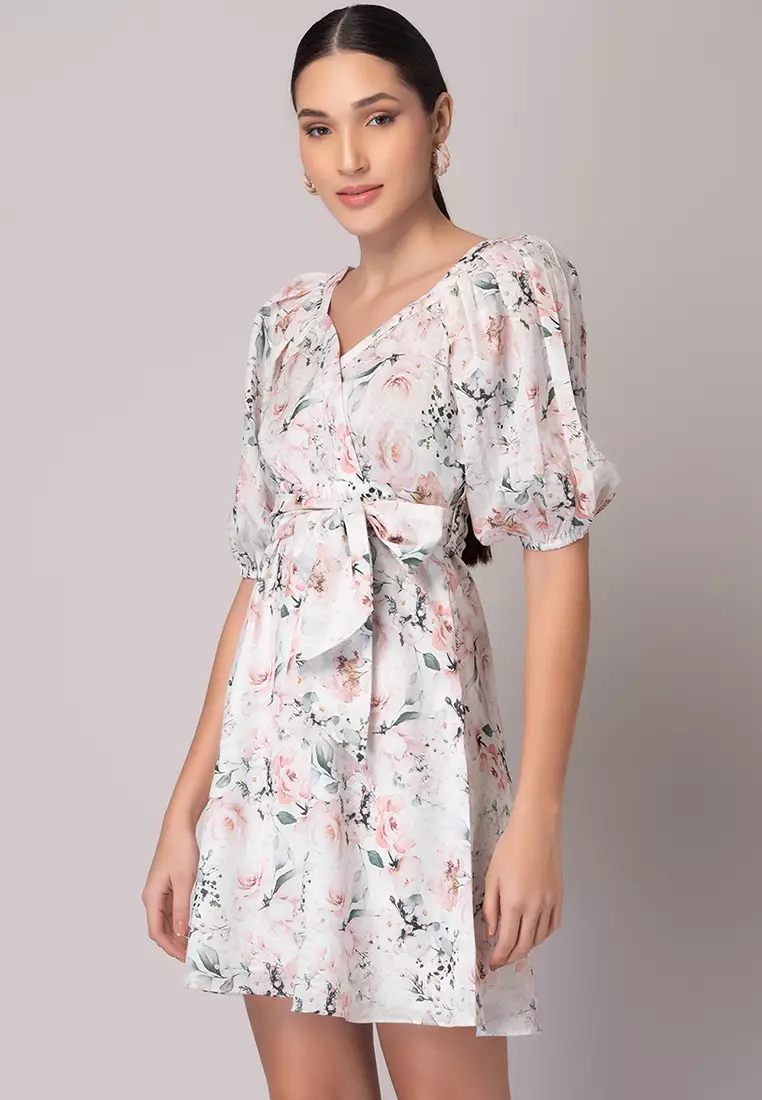White Floral Print Cotton Dress With Fabric Belt