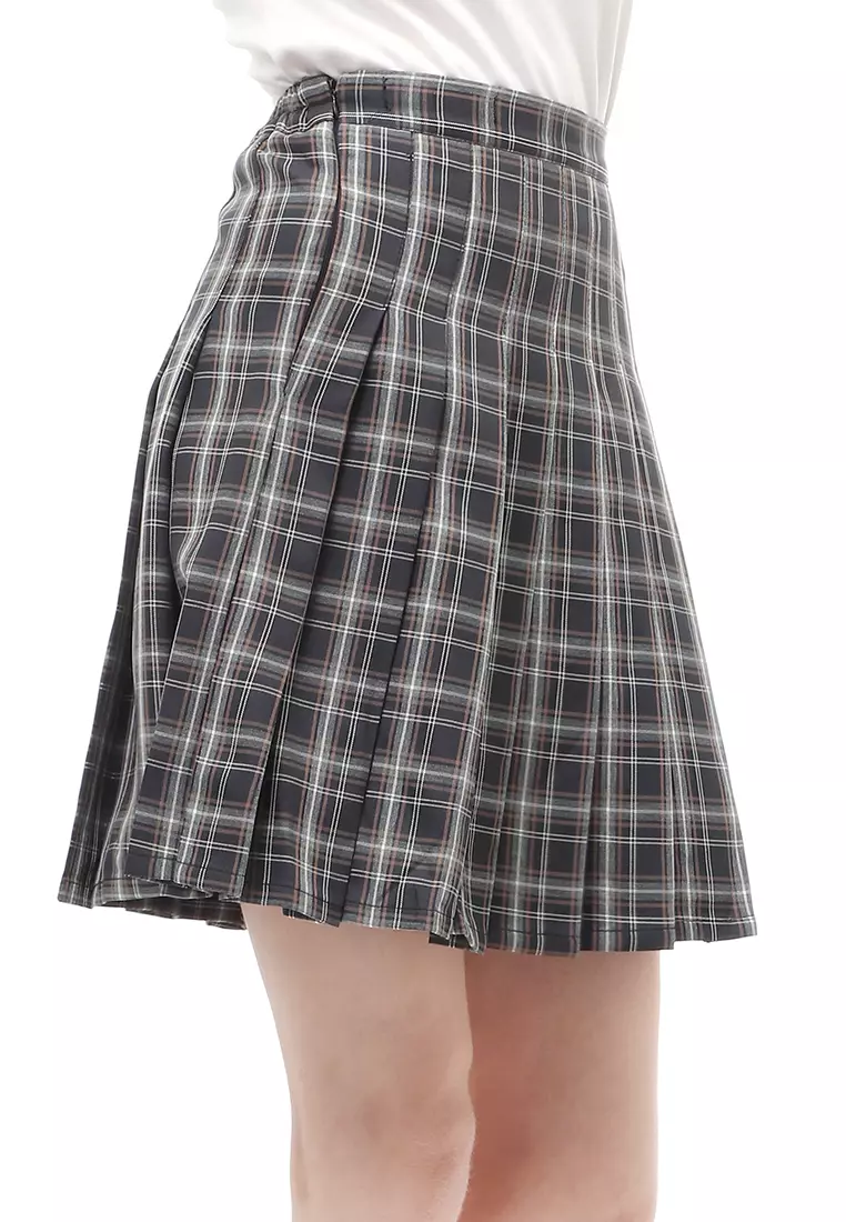 Rok Midi Wanita Motif Tartan Rubbery Waist Design Simple - Black