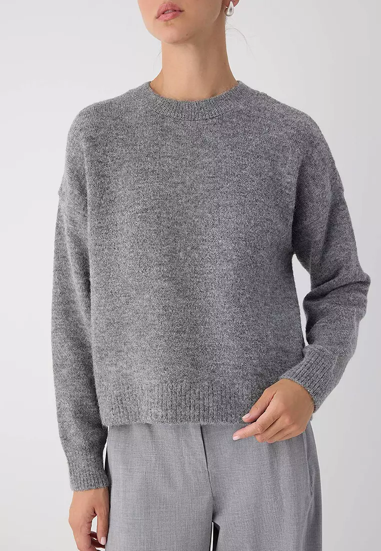 Anthracite Alpaca Wool Blended Premium/Special Yarn Wide Fit Basic Knitwear Sweater