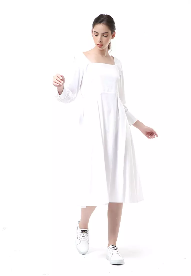 Rachel Midi Dress Wanita Leher Kotak Lengan Panjang Motif Polos Material Cotton ORIGINAL - White