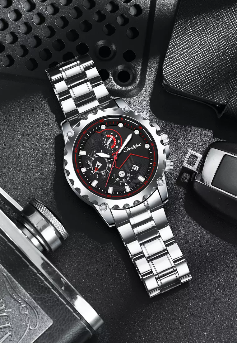 Jam Tangan Pria Original 9032 Anti Air Olahraga Kalender Tali Stainless Steel Jam Tangan Cowok silverblack