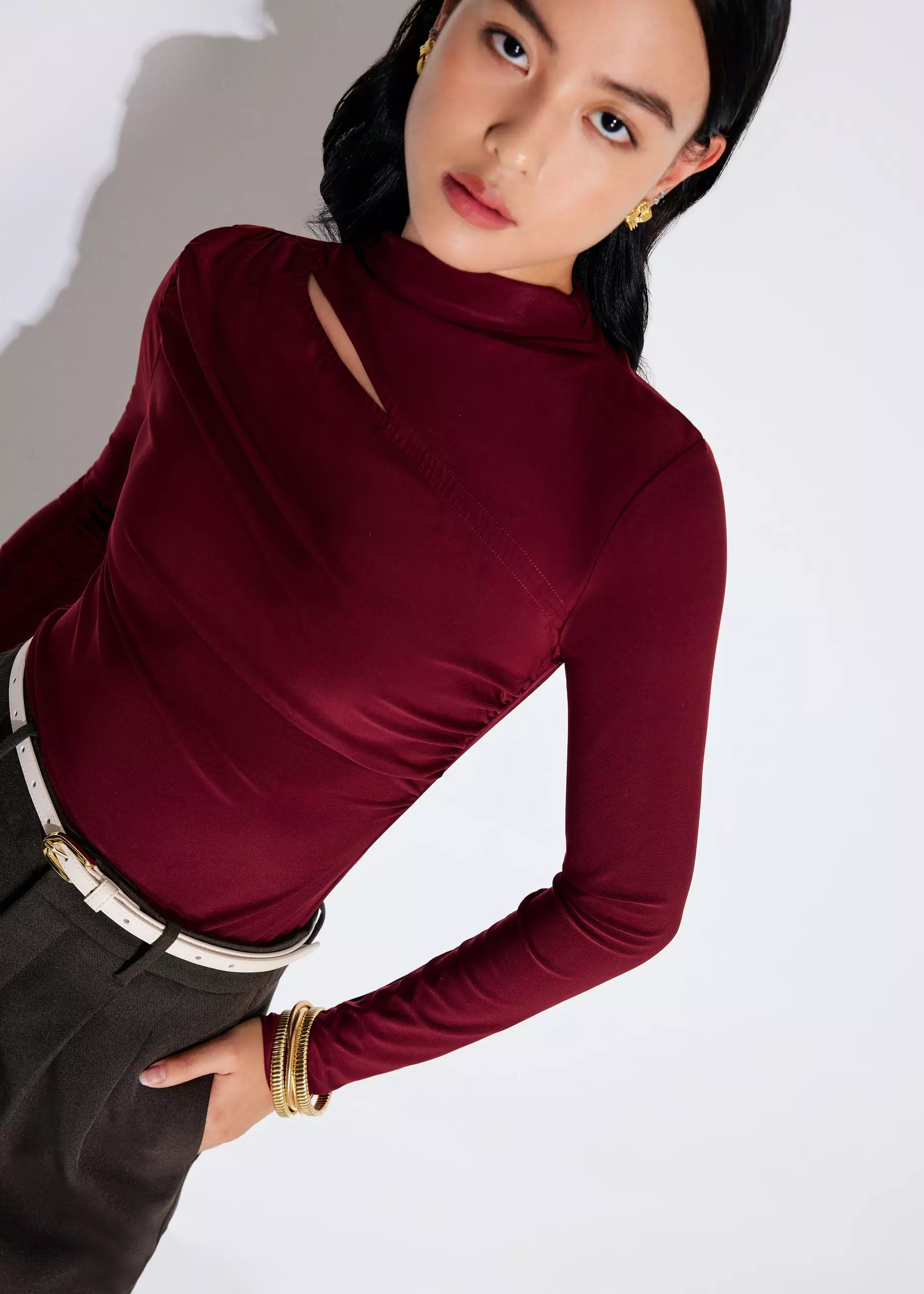 Atasan Wanita - Jersey Asymmetric Cut Out Mock Neck Top