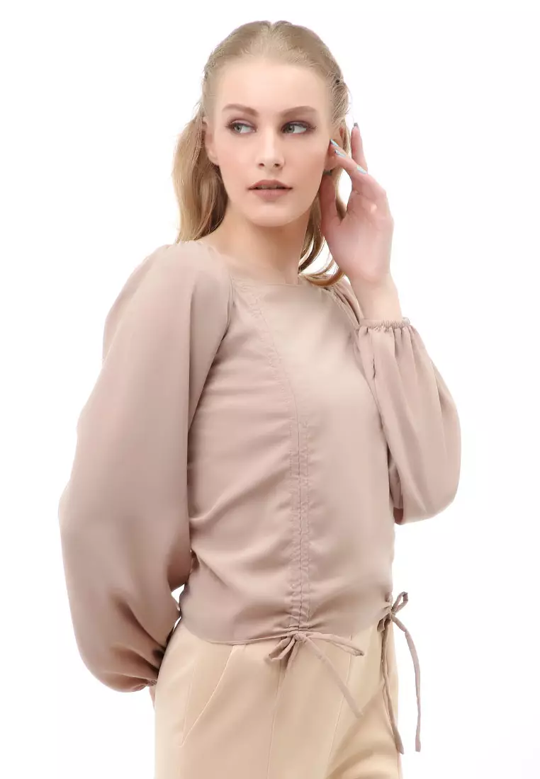 Cheva Blouse Atasan Wanita Sabrina Tali Lengan Panjang Casual Top Long Sleeve Comfortable Material Wolfis ORIGINAL - Brown Milk