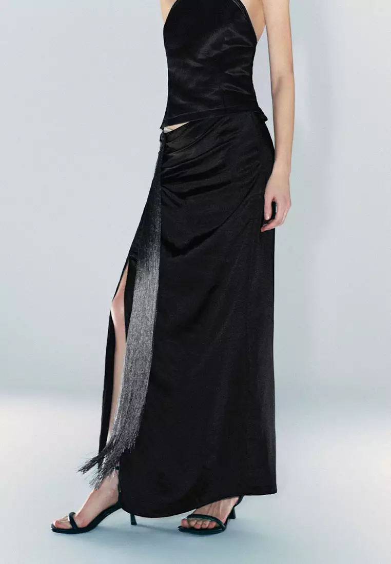 UR秋季新款女装时髦气质设计感褶皱流苏半裙UWG540085