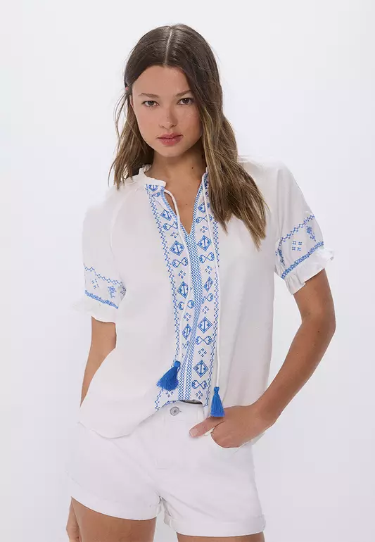 Blouse with Blue Ethnic Embroidery