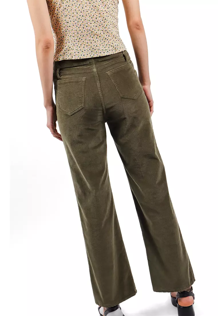 Corduroy Straight Leg Pants With Front Yoke And Raw Hem
