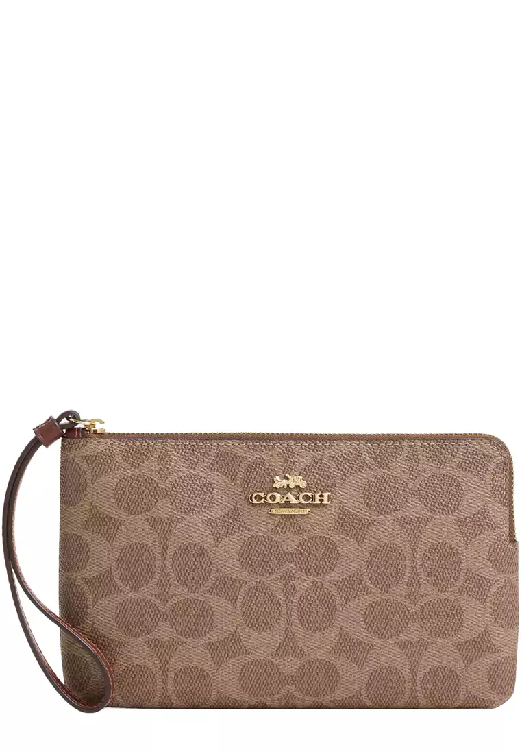 Large Corner Zip Wristlet In Signature Canvas - Tan/ Brown CZ277