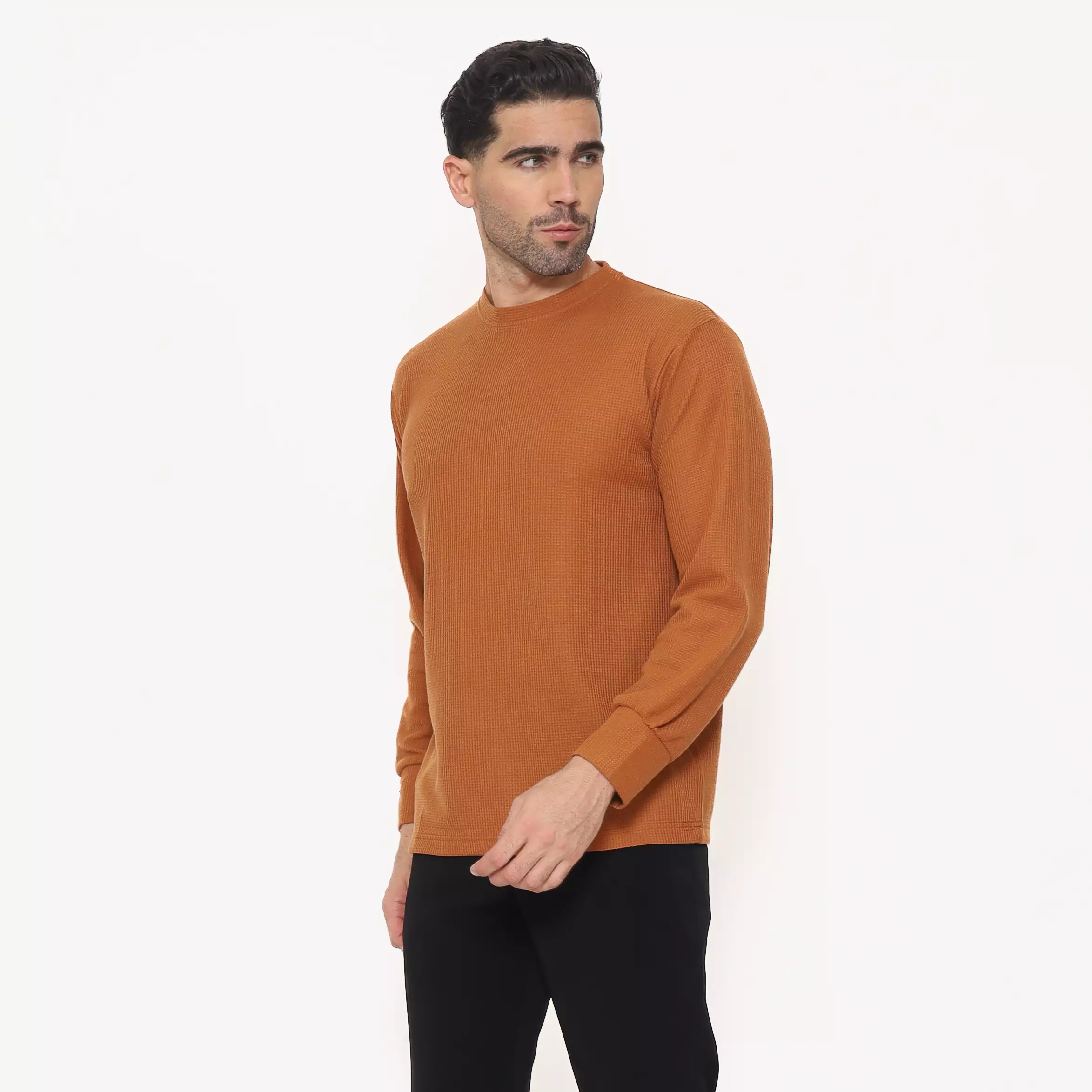 Schoeller Kaos Pria Lengan Panjang Regular Fit WILFRED-R – Terracotta | Katun Waffle Knit Premium Polos