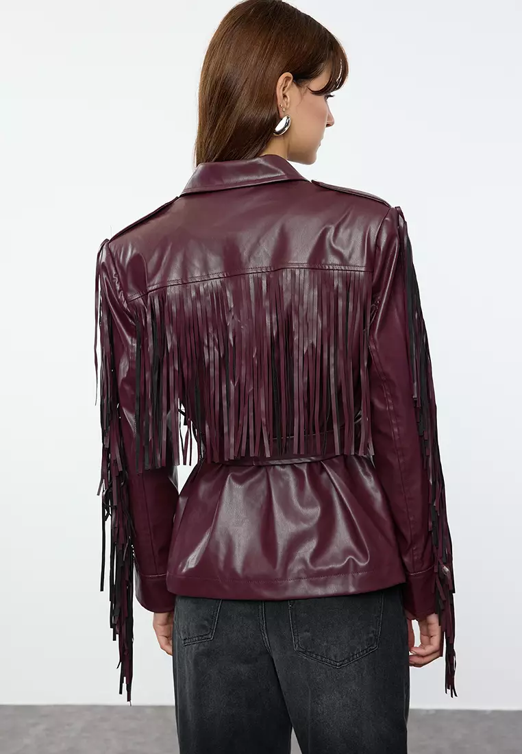 Faux Leather Belted Jacket with Tassel Detail