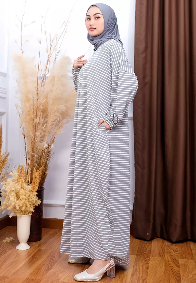 JV Hasanah New Abaya Shireen Big Stripes Dress Silver | Gamis Abaya Oversize Busui Lengan Batwing Full Karet