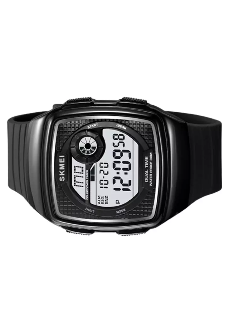 Jam Tangan Digital Pria Alarm EL Light Material TPU Waterproof WB08 Black White - ORIGINAL